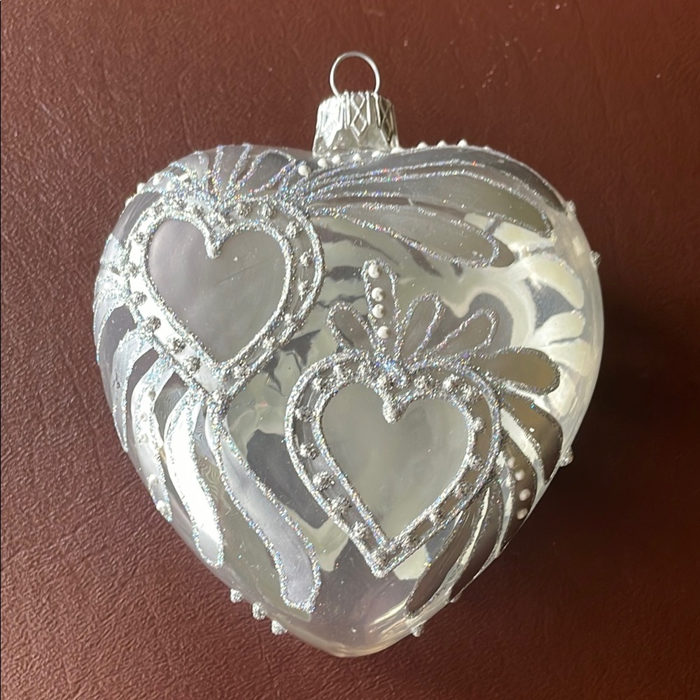 Elegant Silver Heart Glass Christmas Ornament